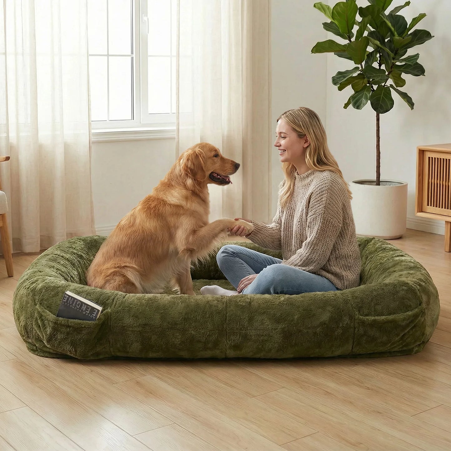 Washable Plush Faux Fur Dog Bed With Soft Blanket Cozy