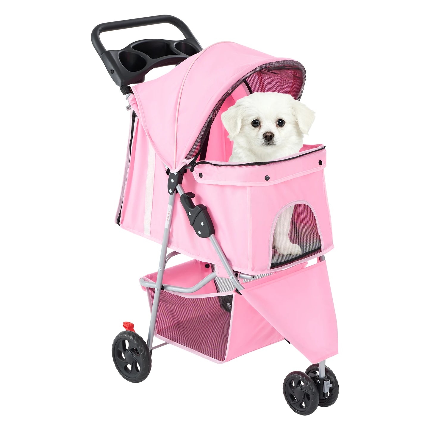 Foldable 3 Wheel Pet Stroller With Mesh Windows Storage Basket