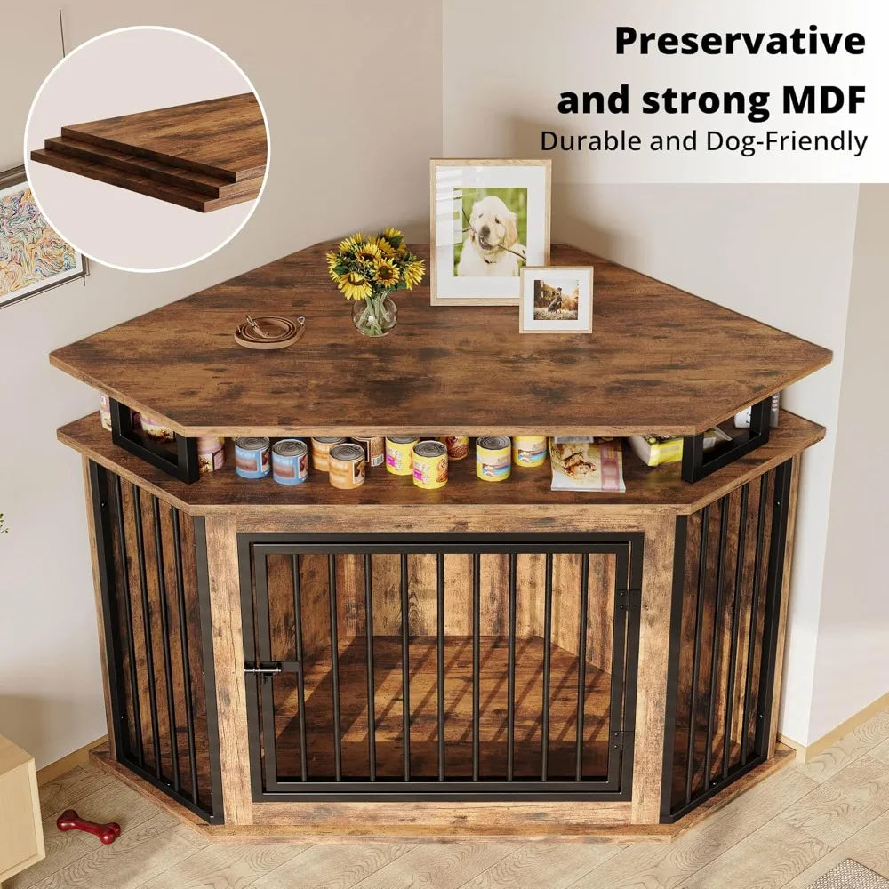 Wooden Corner Dog Crate With Two-Tier Shelves For Large Dogs