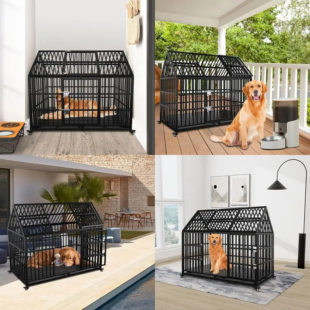 Heavy Duty Metal Dog Crate Roo Top Lockable Wheels Kennel