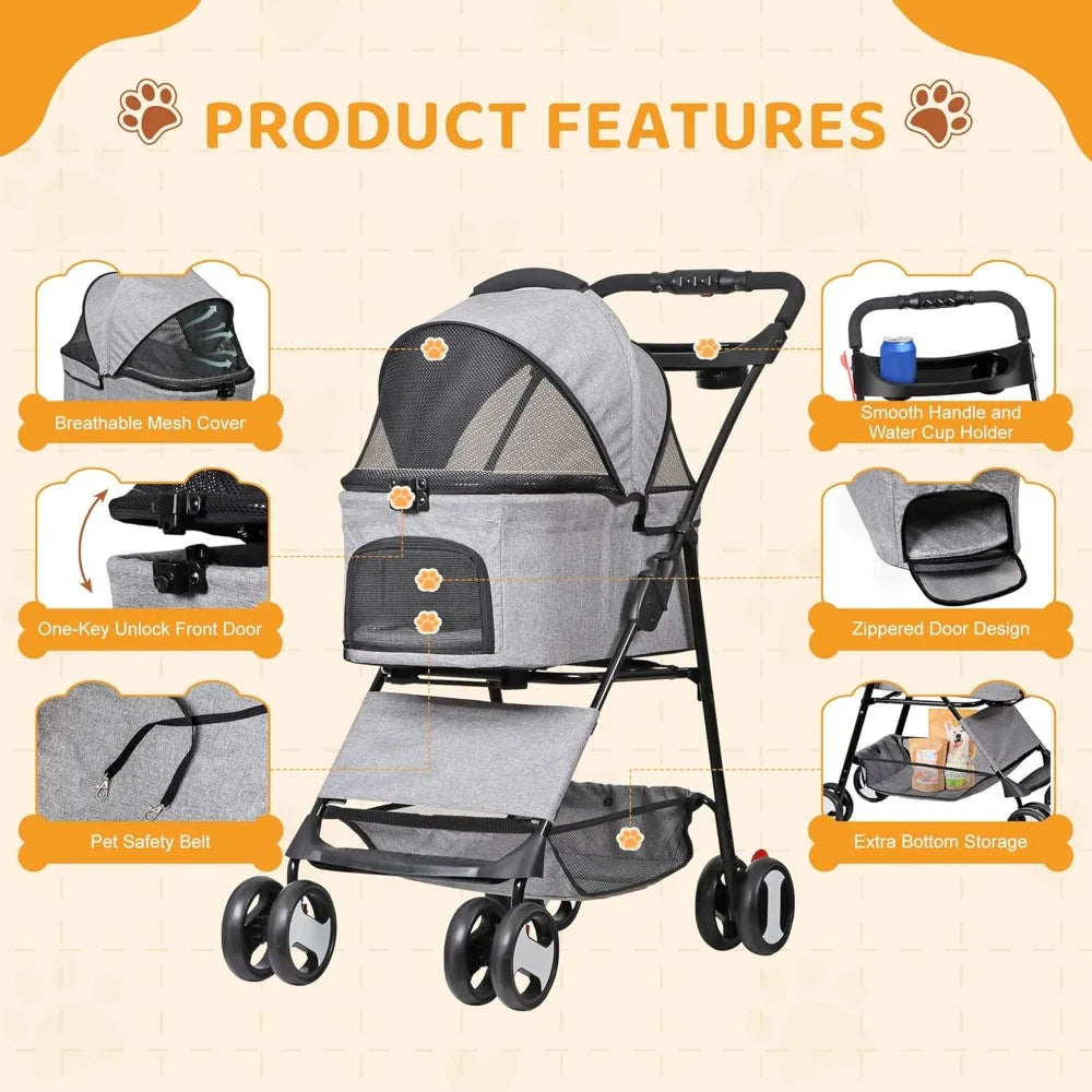 Collapsible Three in 1 Pet Stroller for Dogs and Cats