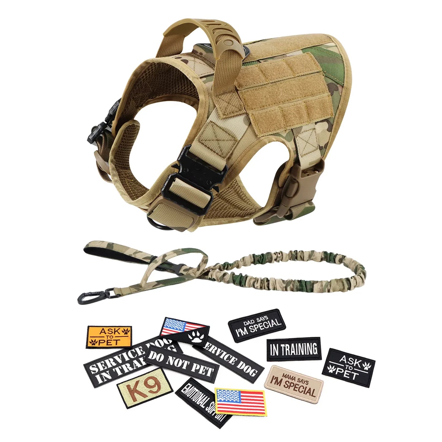 Military Nylon Dog Harness Vest With Leash Patches Training Set