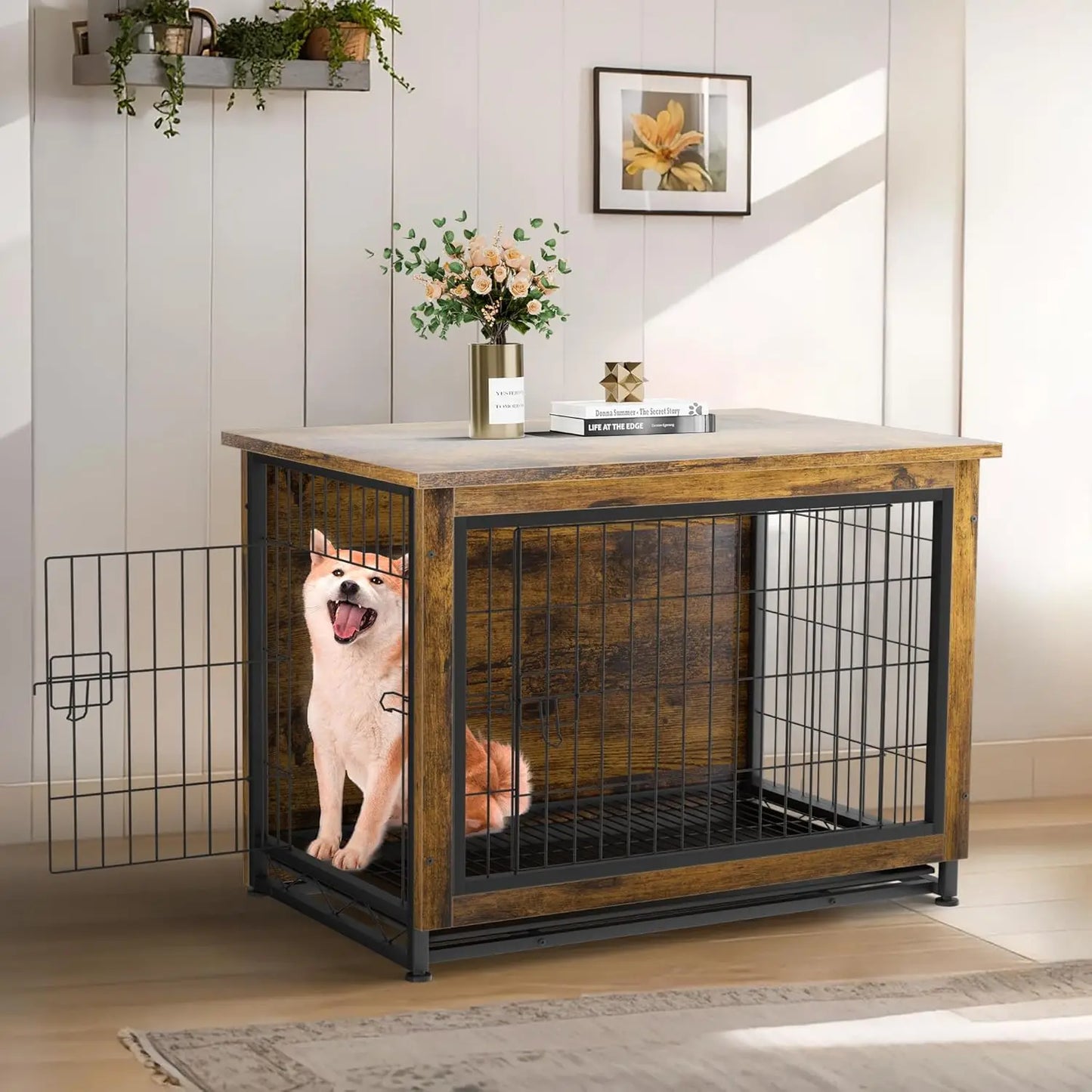 Wooden Dog Crate Table With Double Doors Kennel Furniture