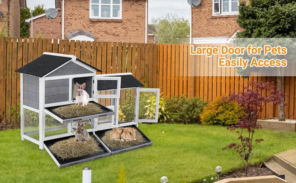 58 Inch Wooden Roof Indoor Outdoor Two Tier Rabbit Hutch