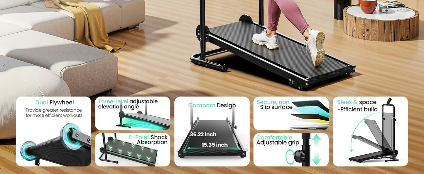 AKLUER Non Electric Treadmill With Dual Flywheels And LCD Monitor