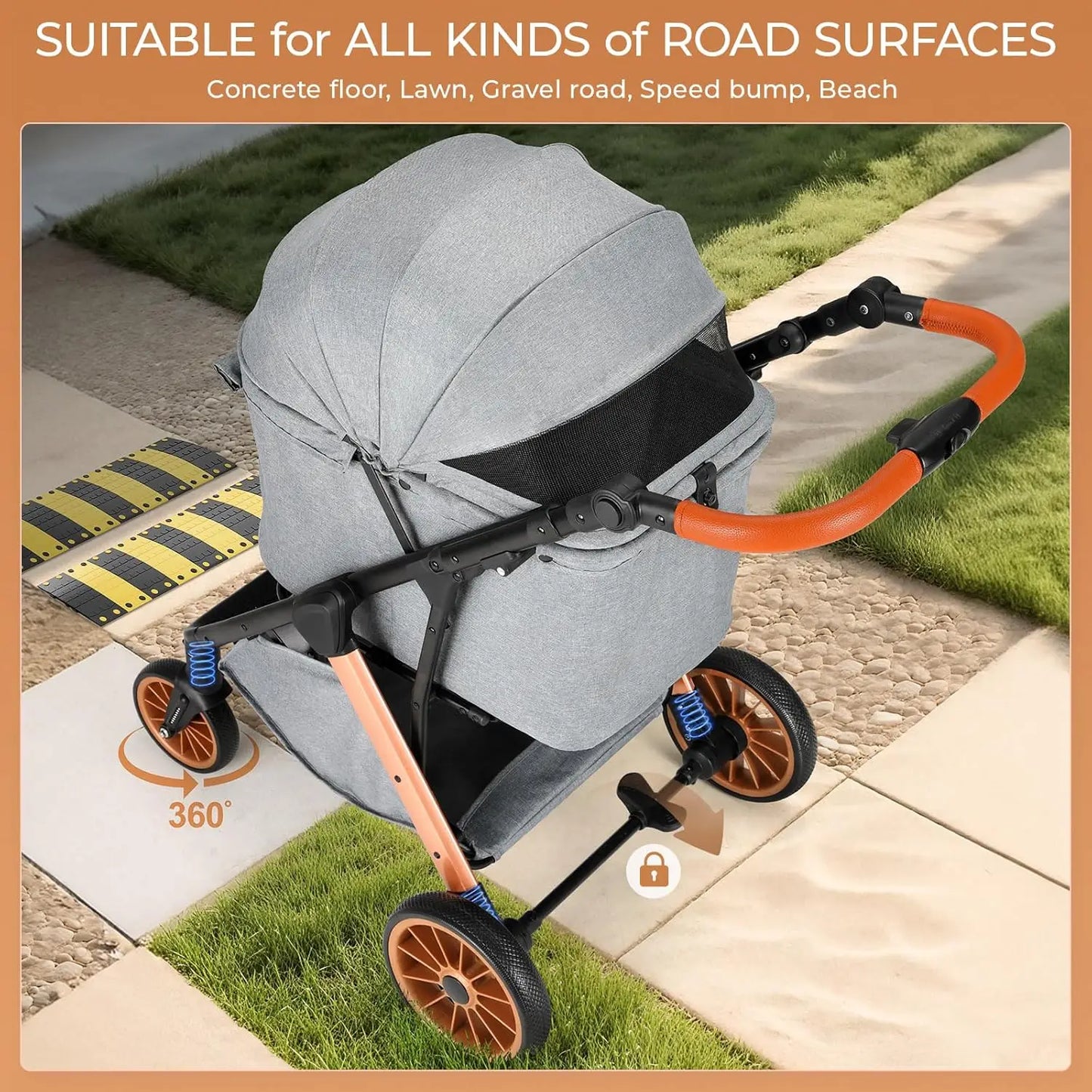 Foldable Pet Stroller All Terrain Travel Carrier With Shock Absorbers