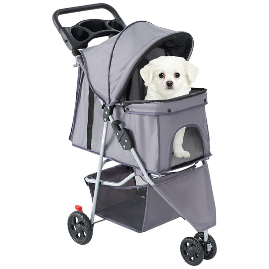 Foldable 3 Wheel Pet Stroller With Mesh Windows Storage Basket