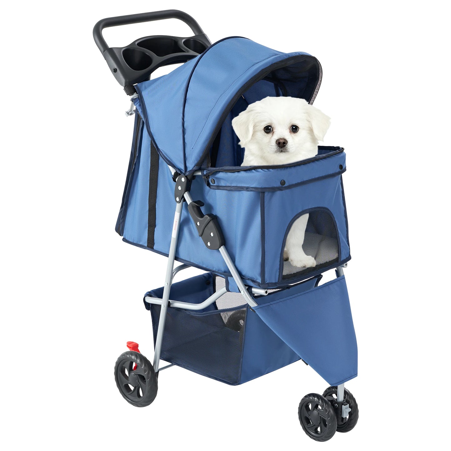 Foldable 3 Wheel Pet Stroller With Mesh Windows Storage Basket