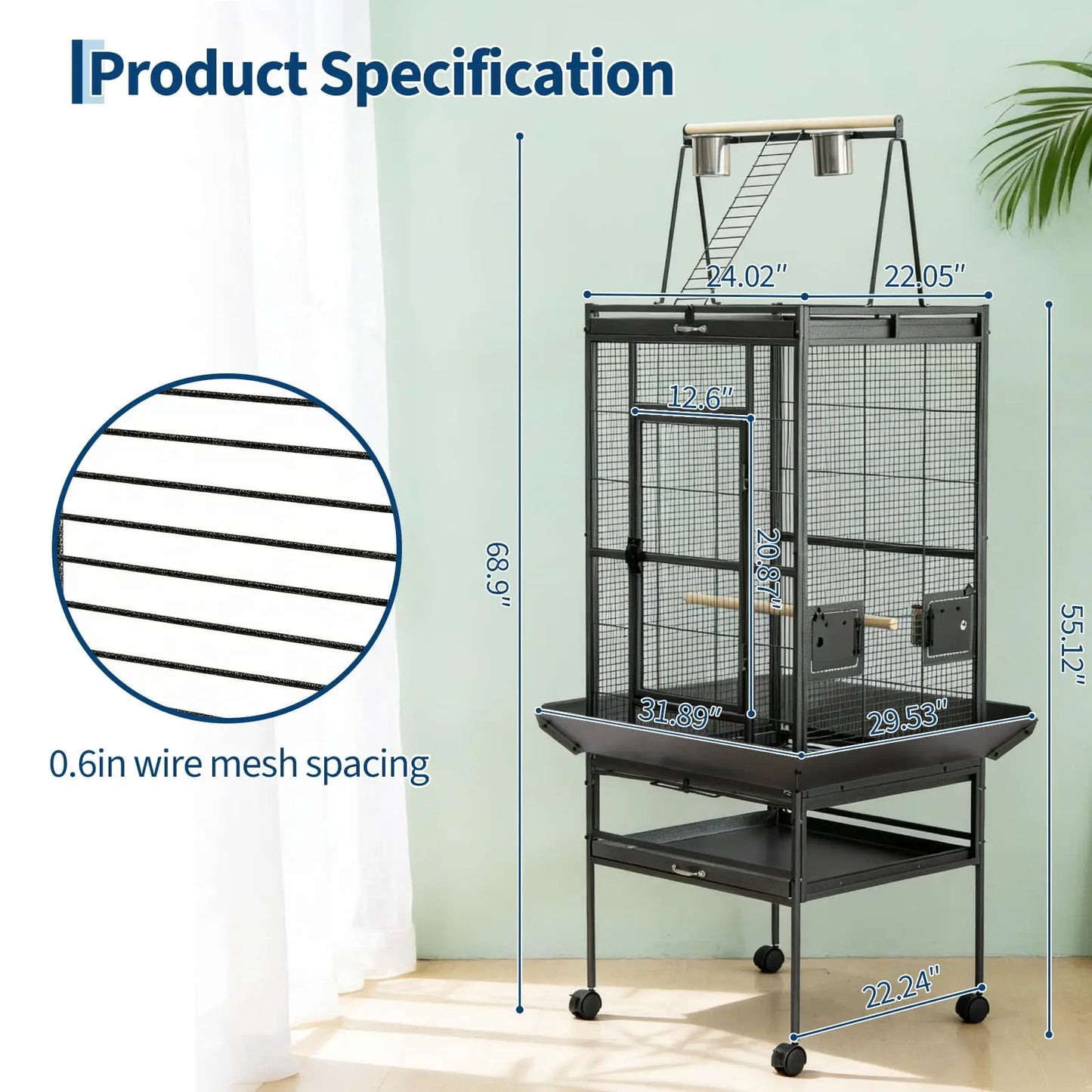 HiMiss 69 Inch Extra Large Parrot Bird Cage With Play Top And Rolling Stand
