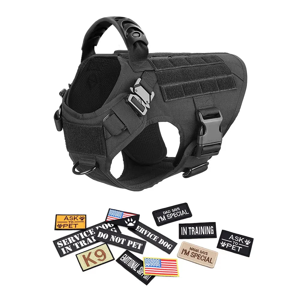 Military Nylon Dog Harness Vest With Leash Patches Training Set
