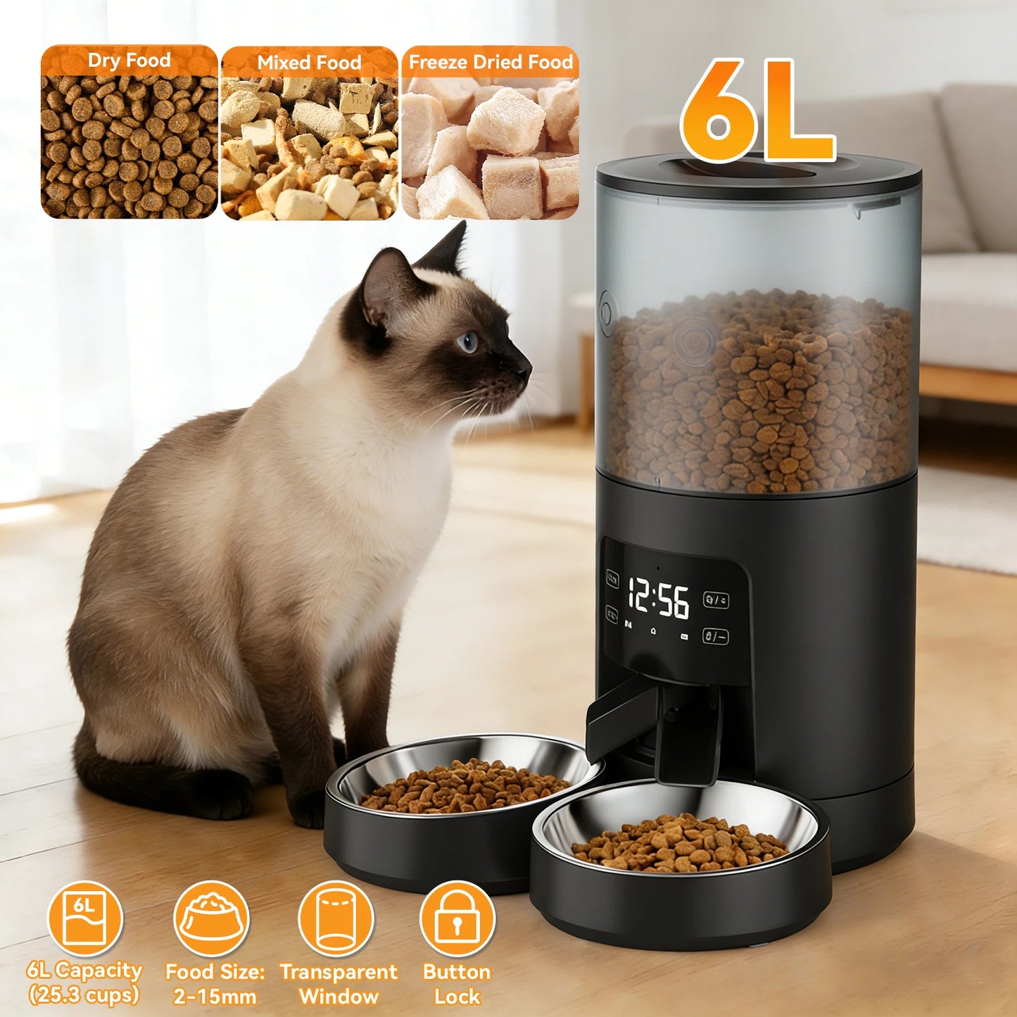 JHK 6L Automatic Cat Feeder With Stainless Bowls