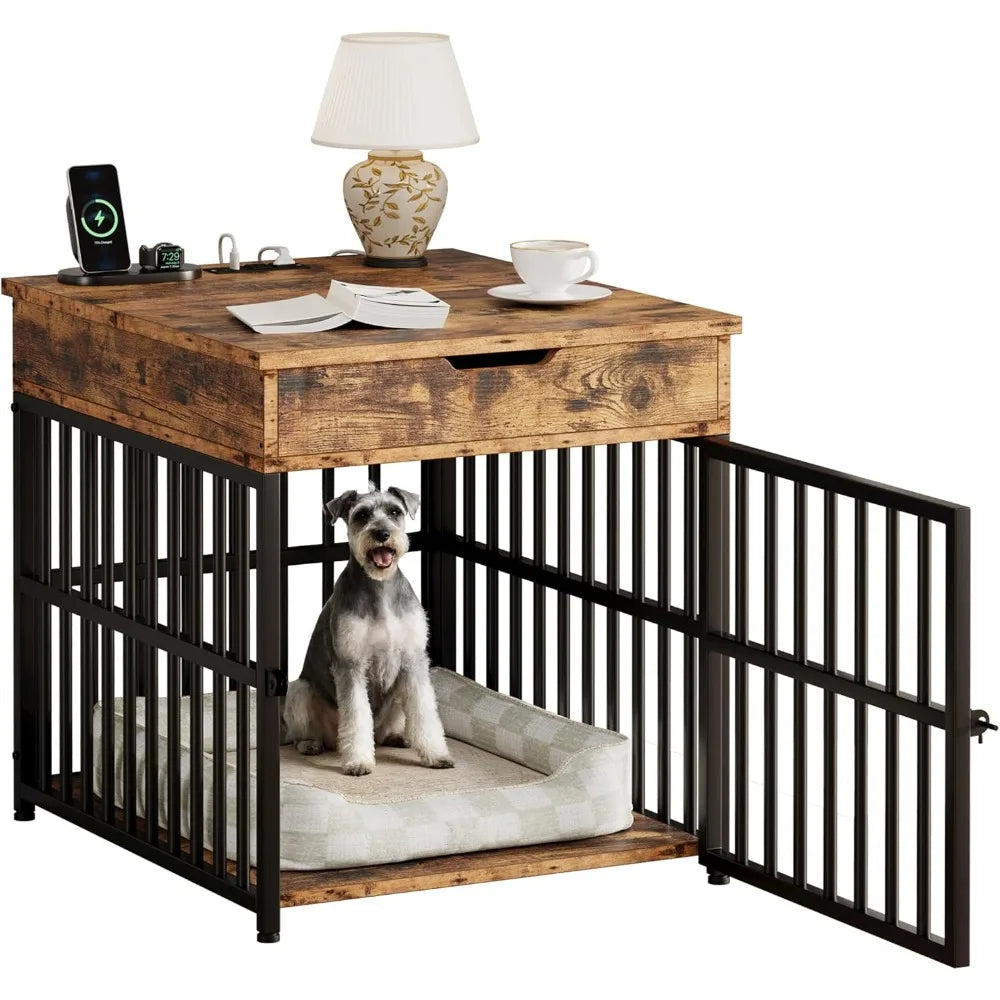 DAFIFY Wood Dog Crate End Table Kennel Flip Top Drawer