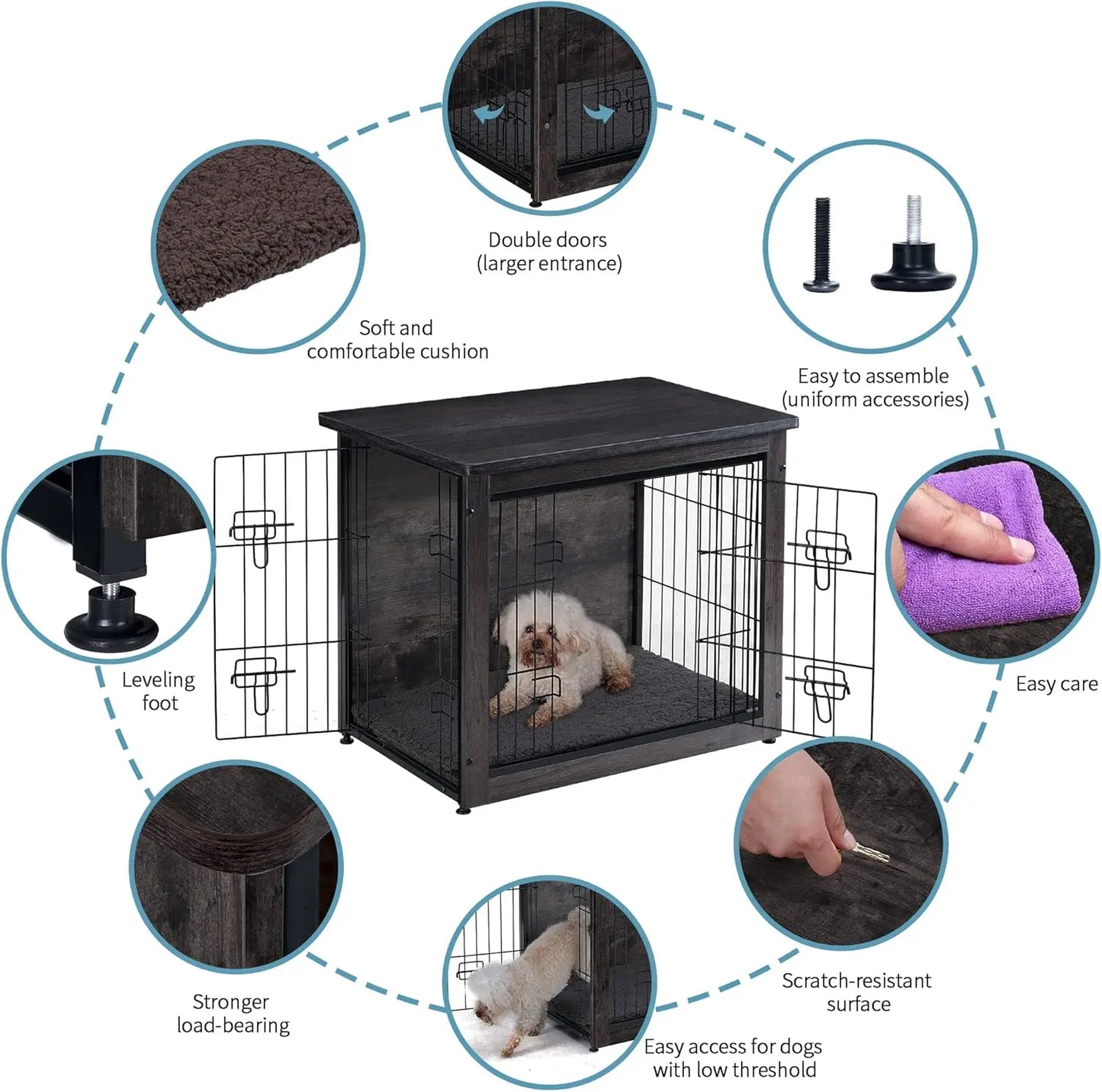 Wooden Dog Crate Furniture With Cushion Kennel Double Doors Indoor