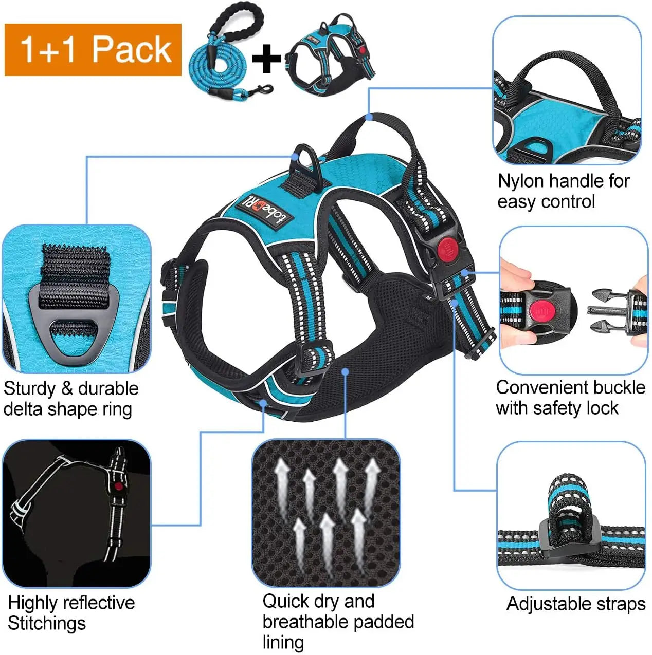 No Pull Reflective Dog Harness With Front And Back Rings