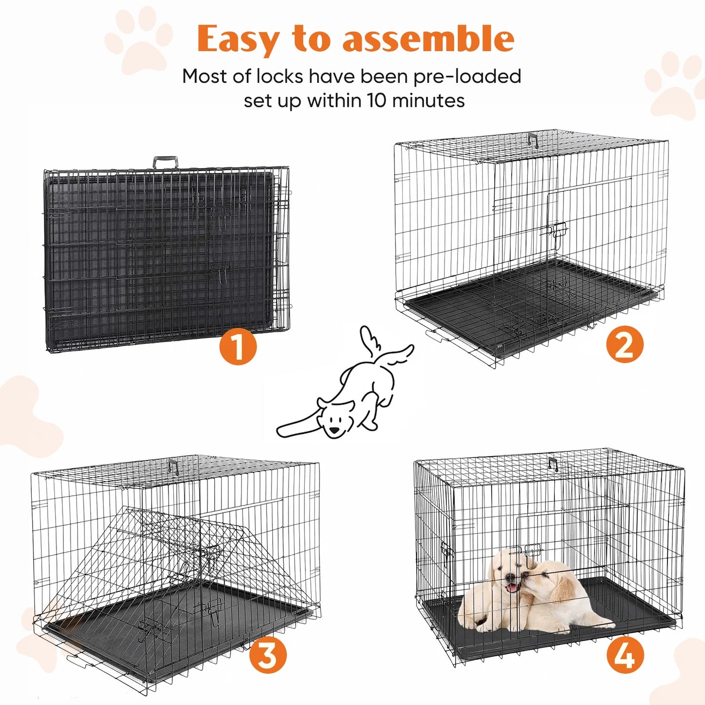 JHK Double Door Folding Metal Wire Dog Cage With Leakproof Pan Tray