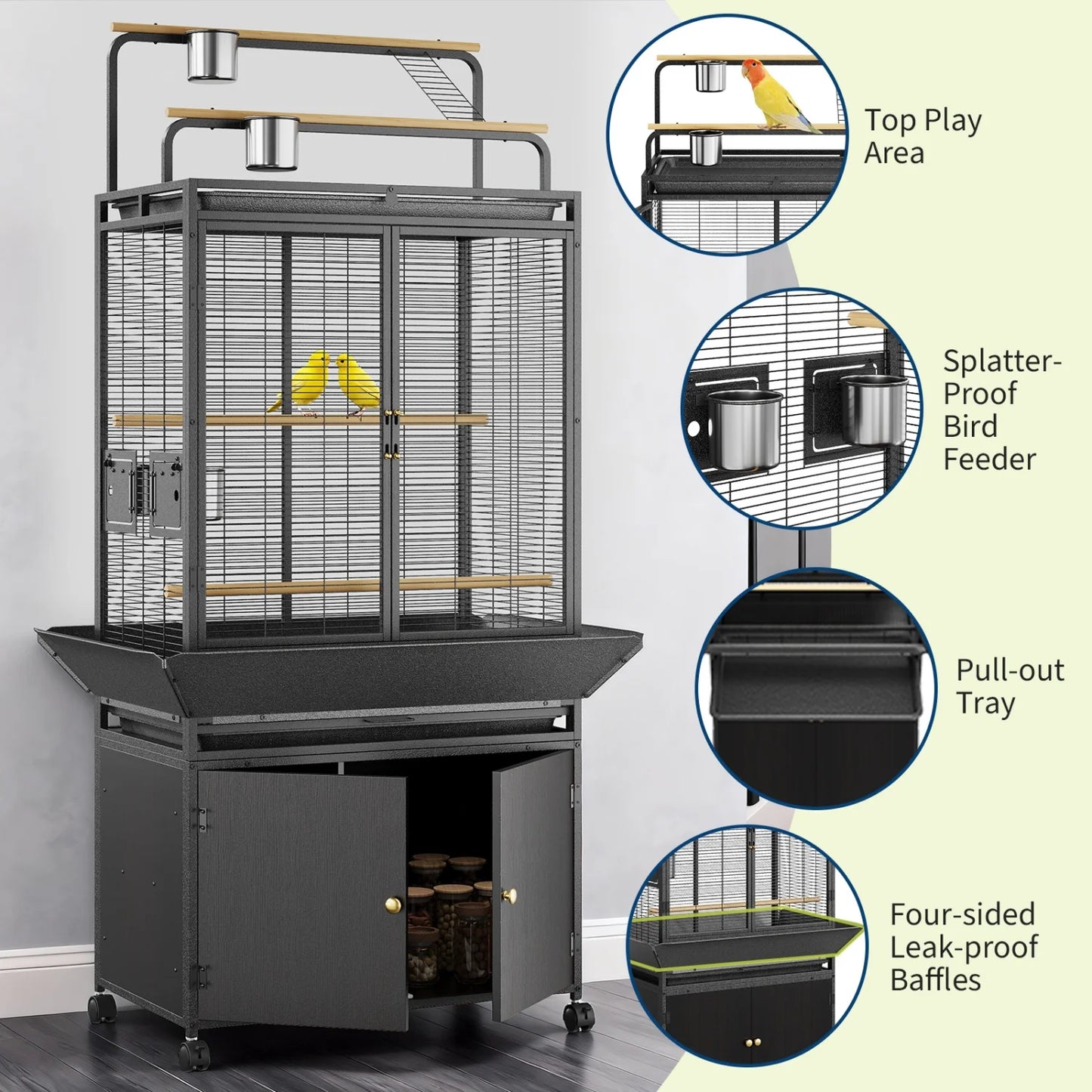 HiMISS Extra Large Corner Bird Cage With Play Top And Storage