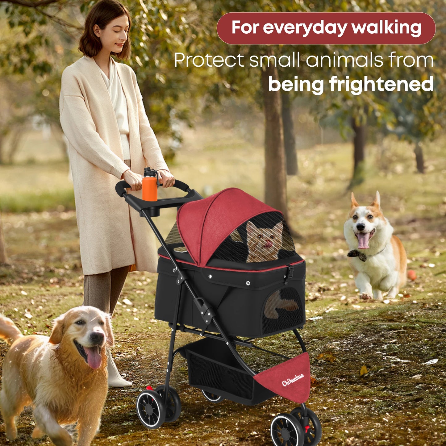 CHIHUAHUA Pet Stroller For Cats And Dogs 3 Wheel Foldable Mesh Canopy