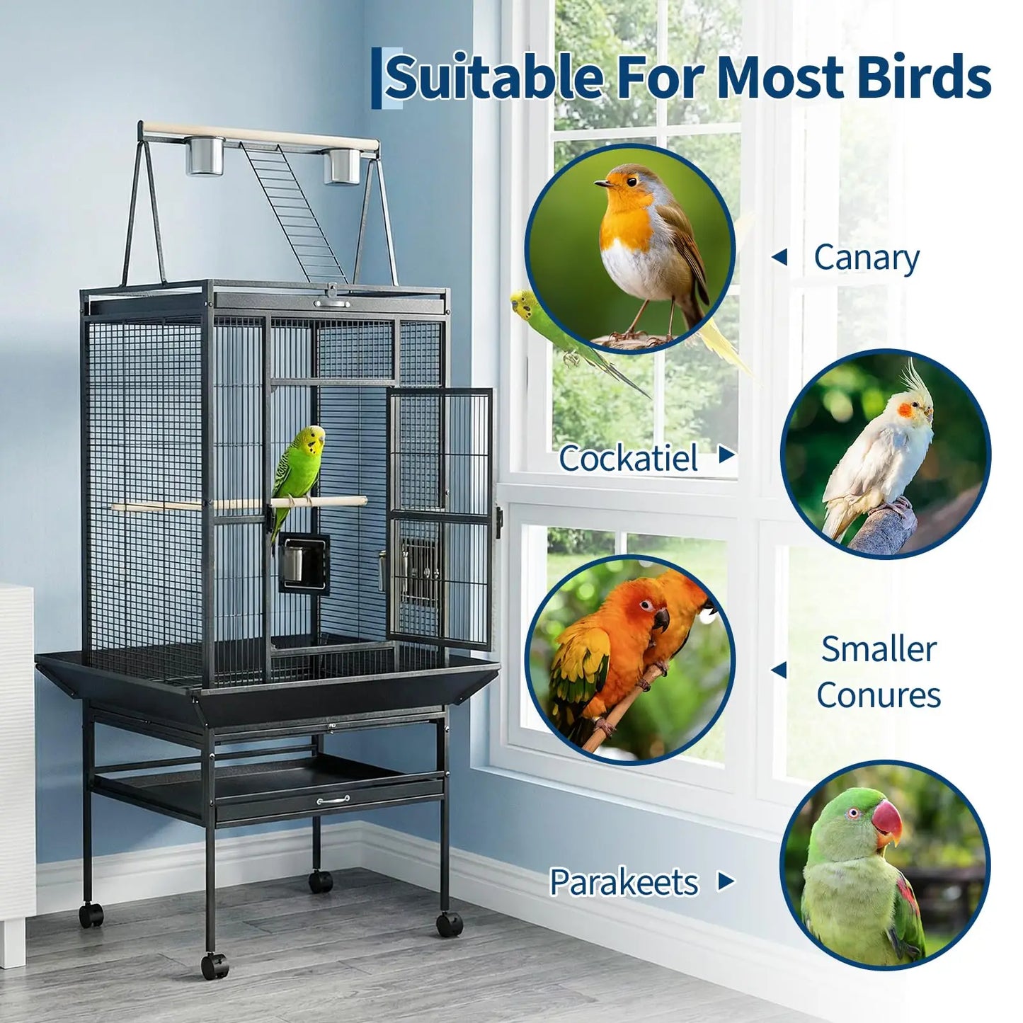HiMiss 69 Inch Extra Large Parrot Bird Cage With Play Top And Rolling Stand