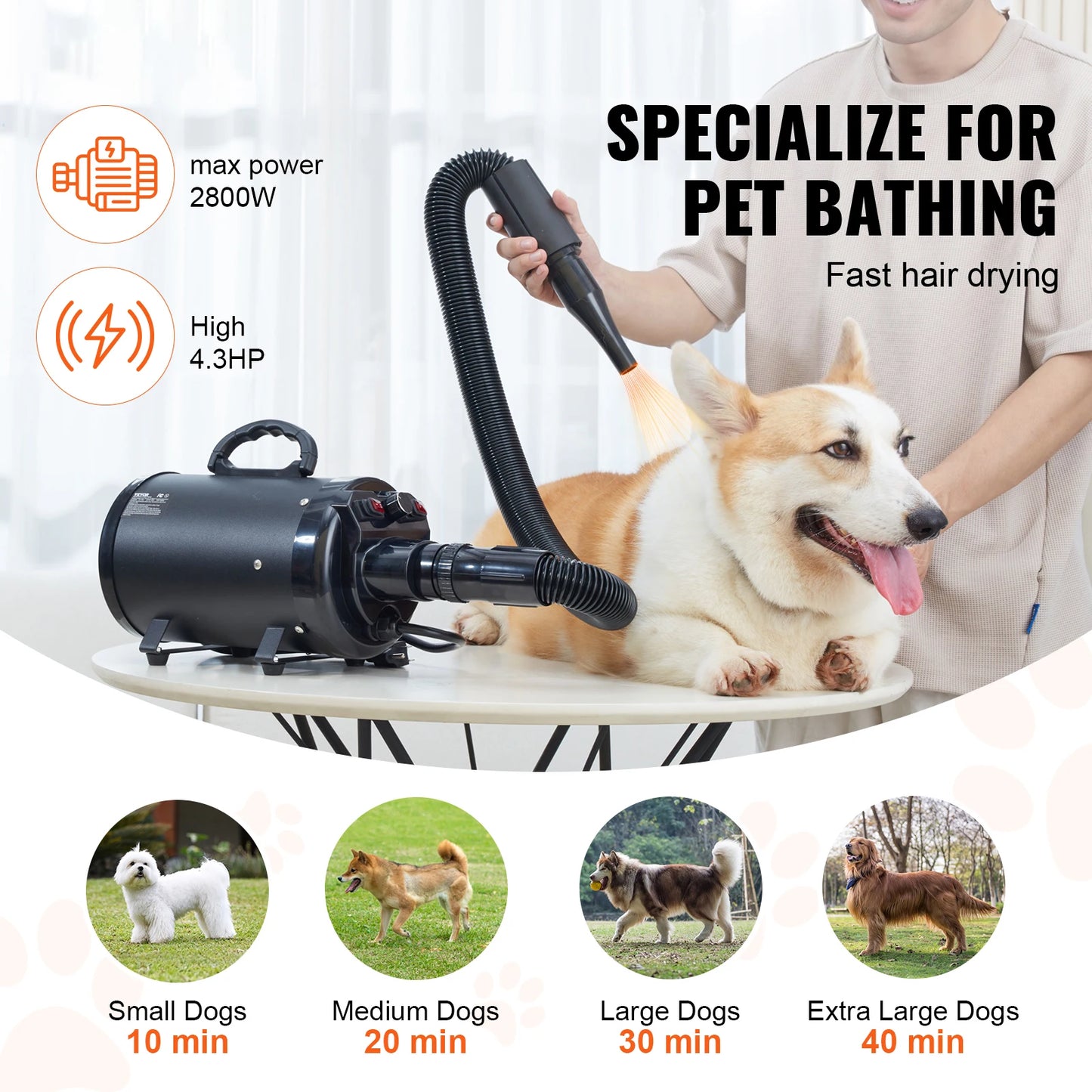 SucceBuy 2000W Dog Grooming Dryer With Adjustable Speed Extendable Hose Nozzles