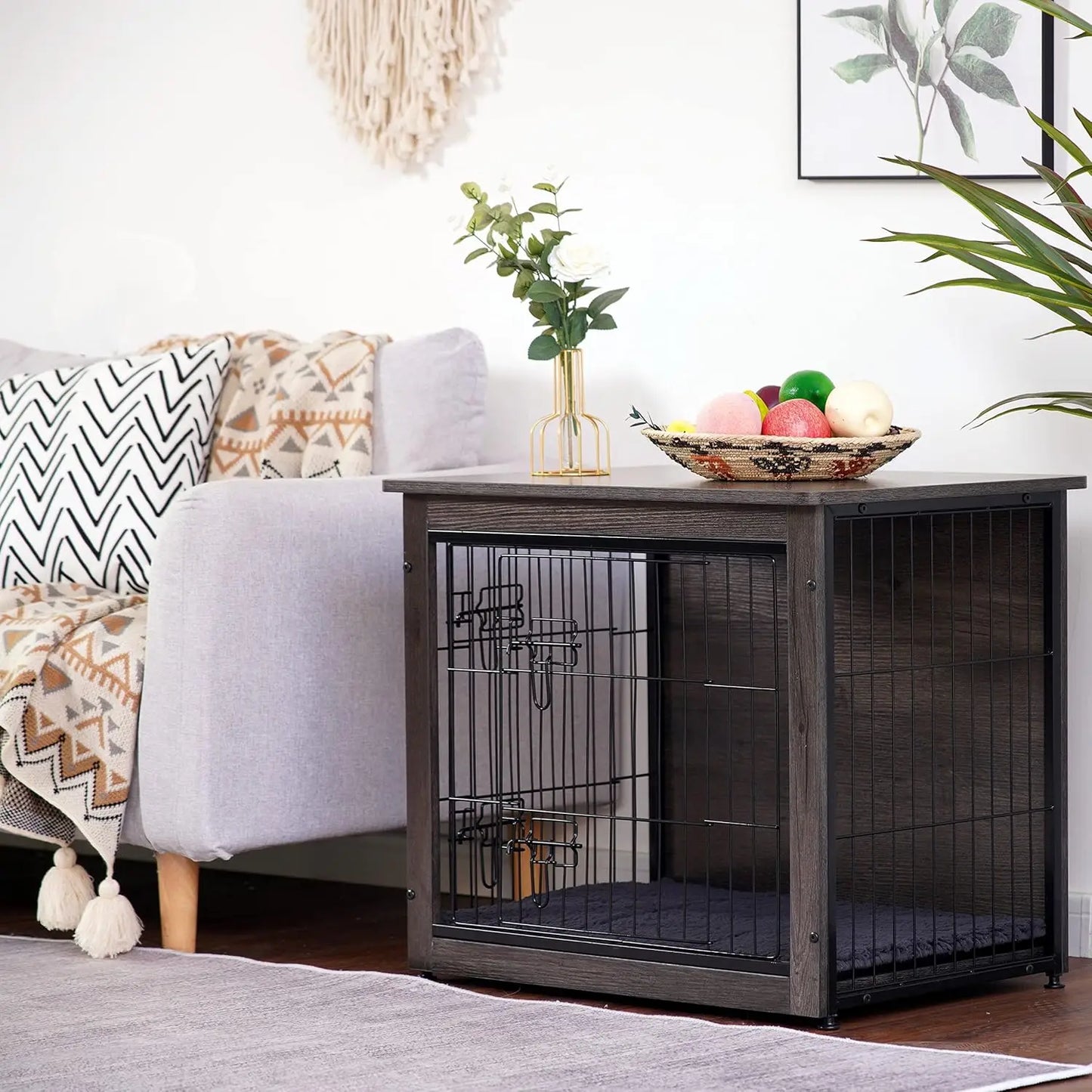 Wooden Dog Crate Furniture With Cushion Kennel Double Doors Indoor