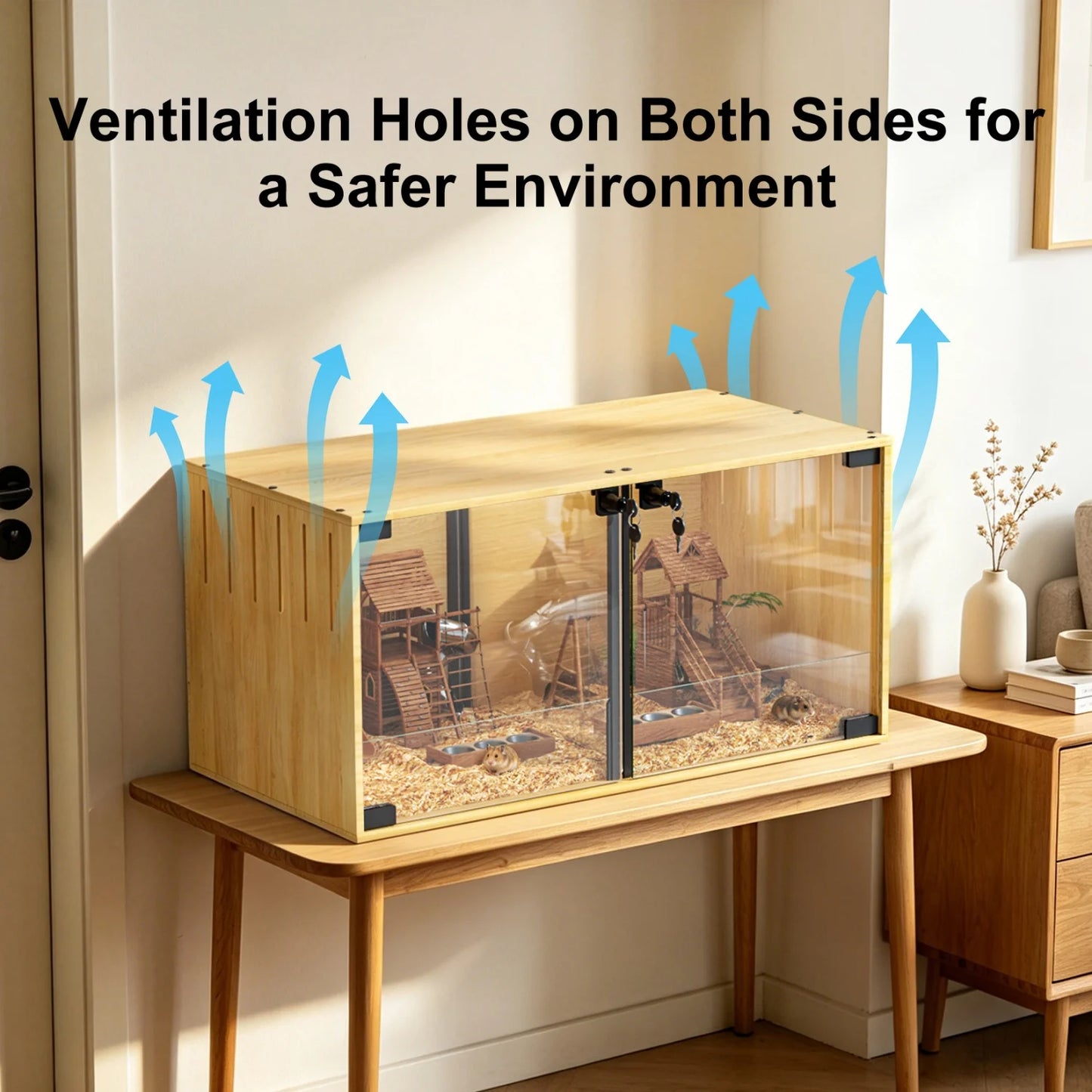 Wooden Small Animal Cage With Tempered Glass Panels