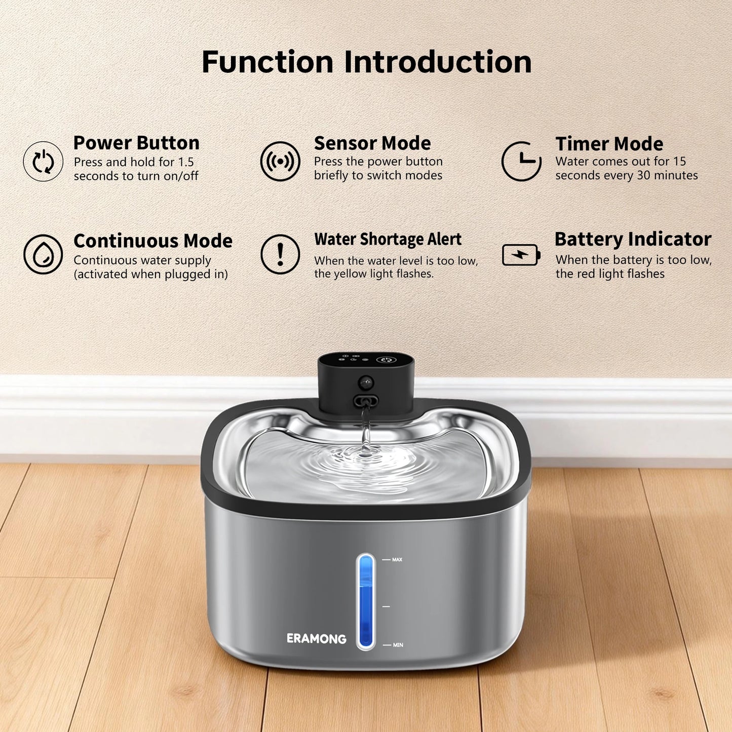 Eramong 3.5L Stainless Steel Wireless Smart Cat Water Fountain