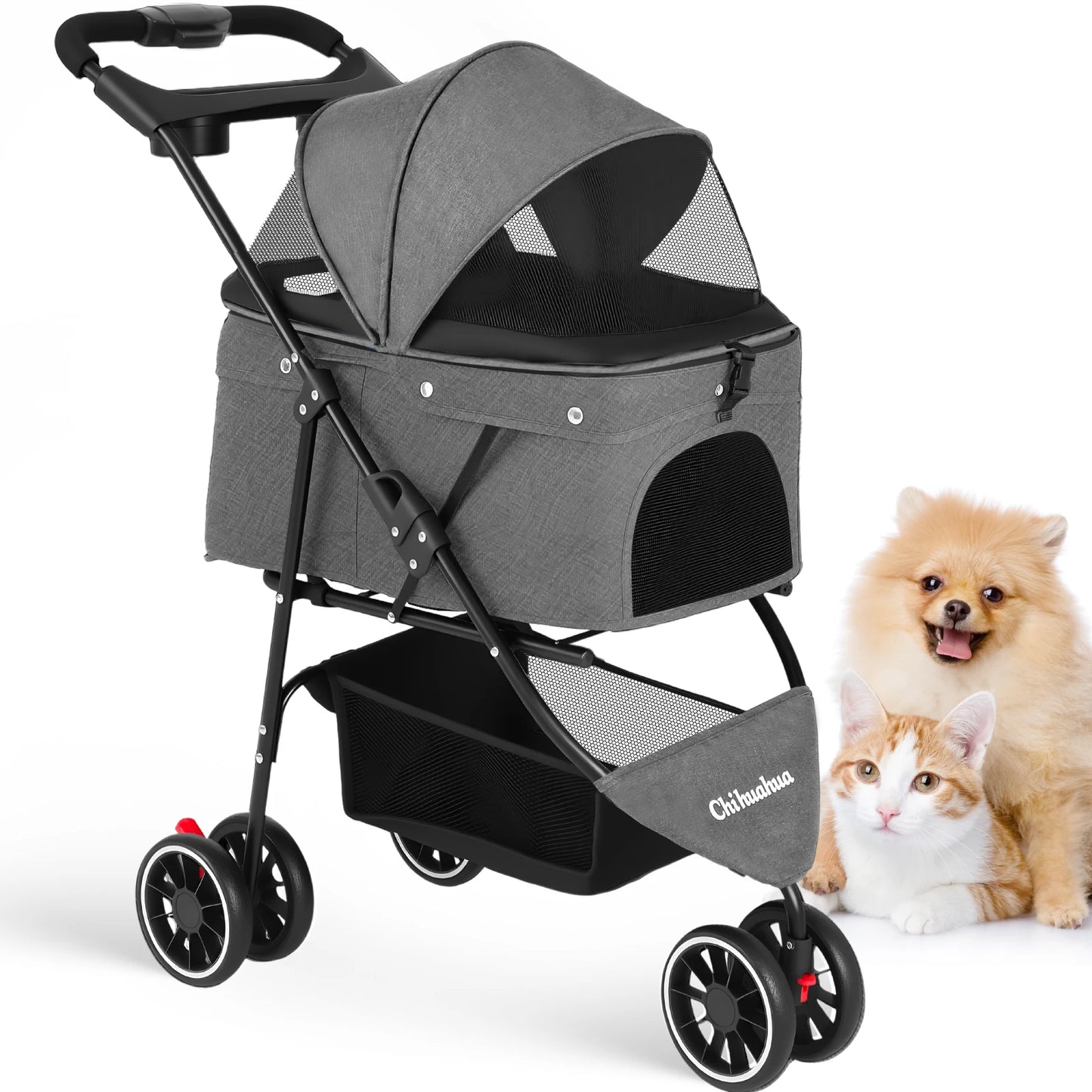 CHIHUAHUA Pet Stroller For Cats And Dogs 3 Wheel Foldable Mesh Canopy