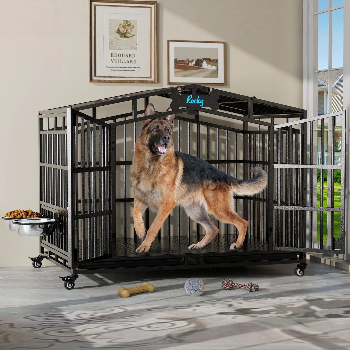 EasyCom Heavy Duty Dog Crate With Lockable Wheels And Bowls
