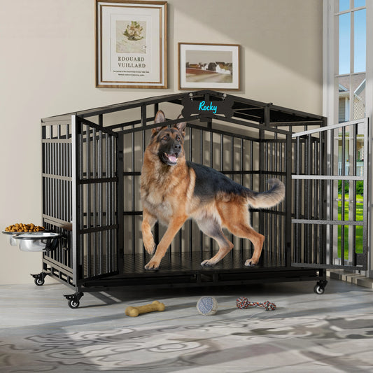 EasyCom Heavy Duty Dog Crate With Lockable Wheels And Bowls