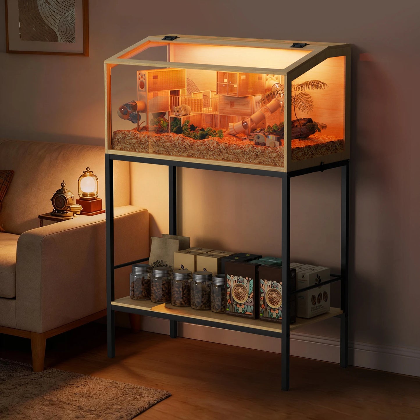 Wooden Hamster Cage With Tempered Glass Top And Led Lighting