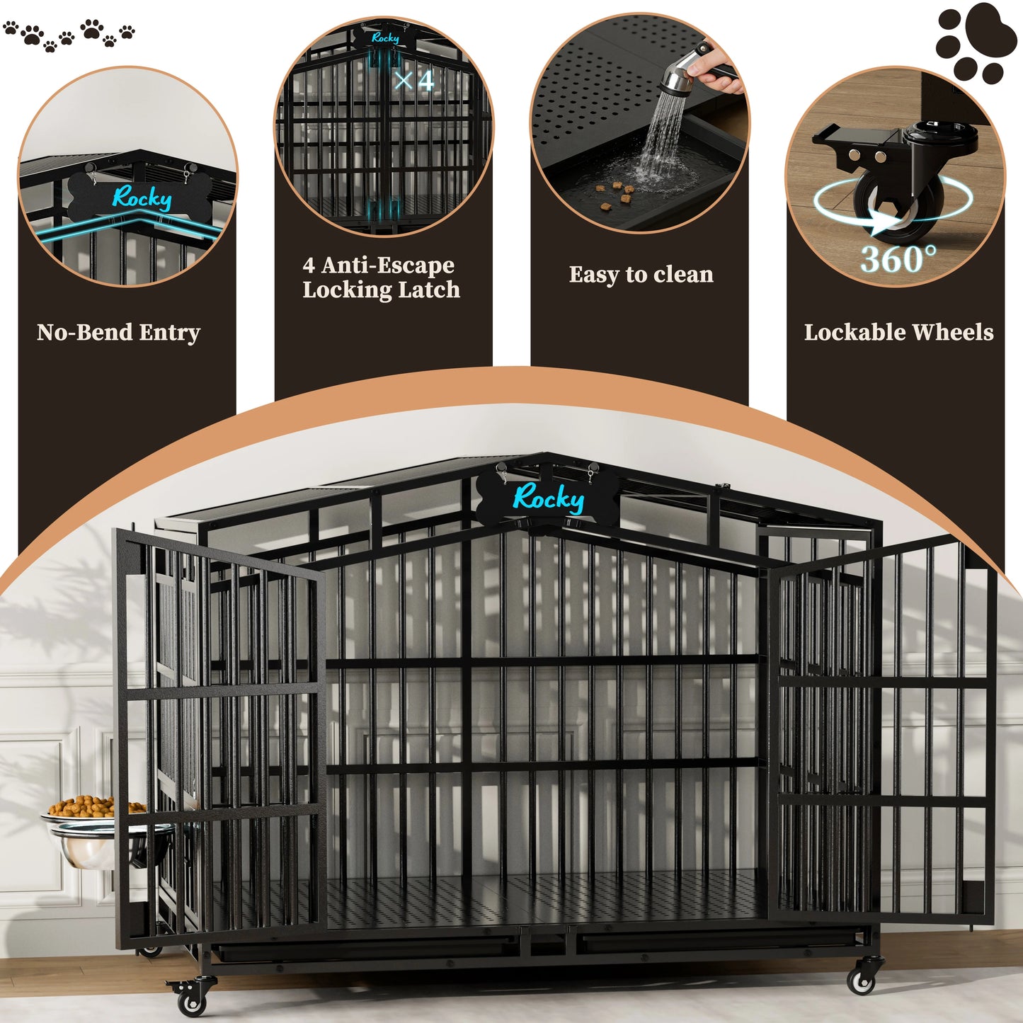 EasyCom Heavy Duty Dog Crate With Lockable Wheels And Bowls
