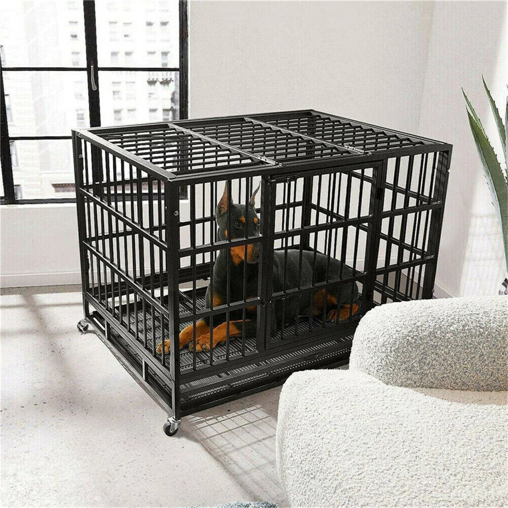 BORWART Heavy Duty Dog Crate With Lockable Wheels And Tray