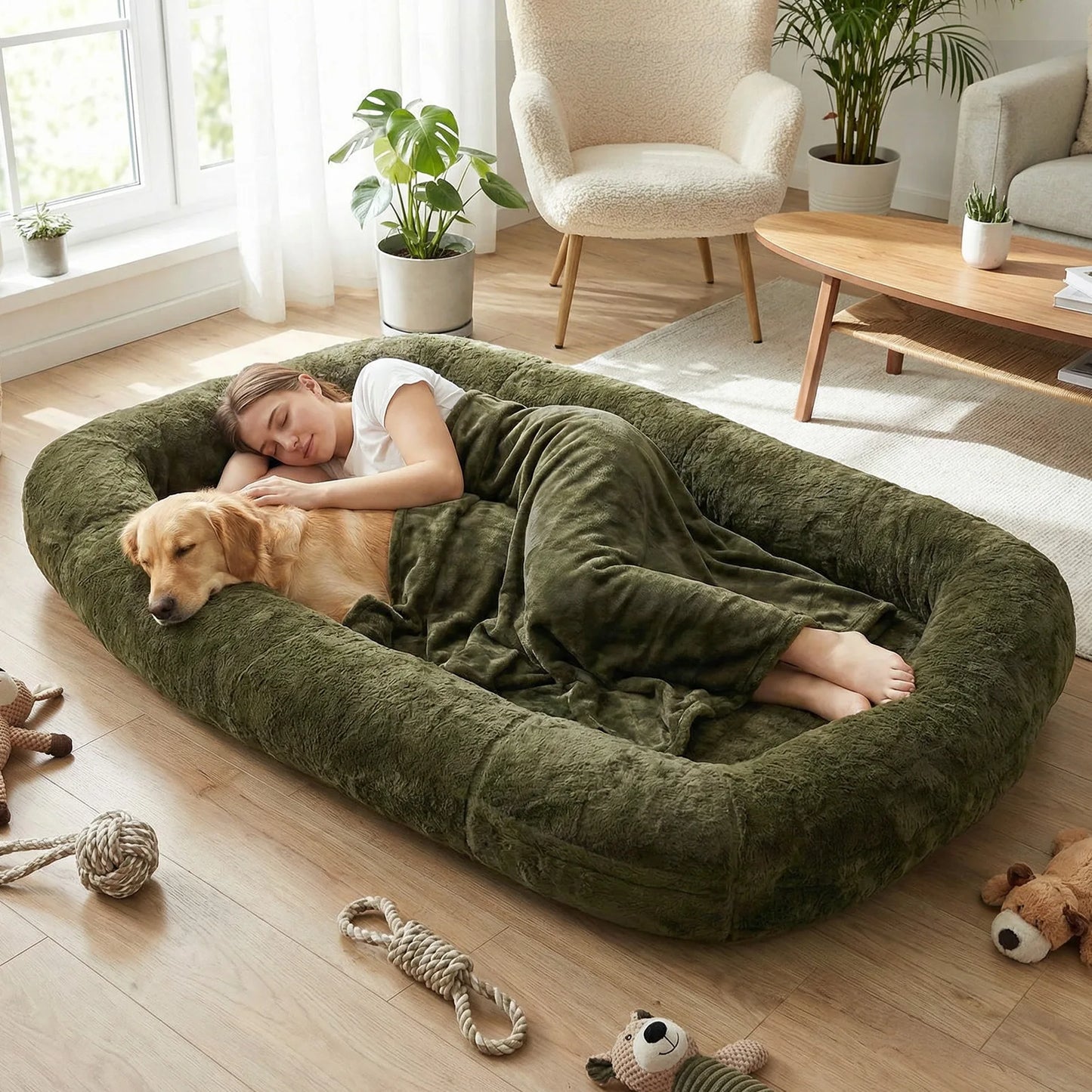 Washable Plush Faux Fur Dog Bed With Soft Blanket Cozy
