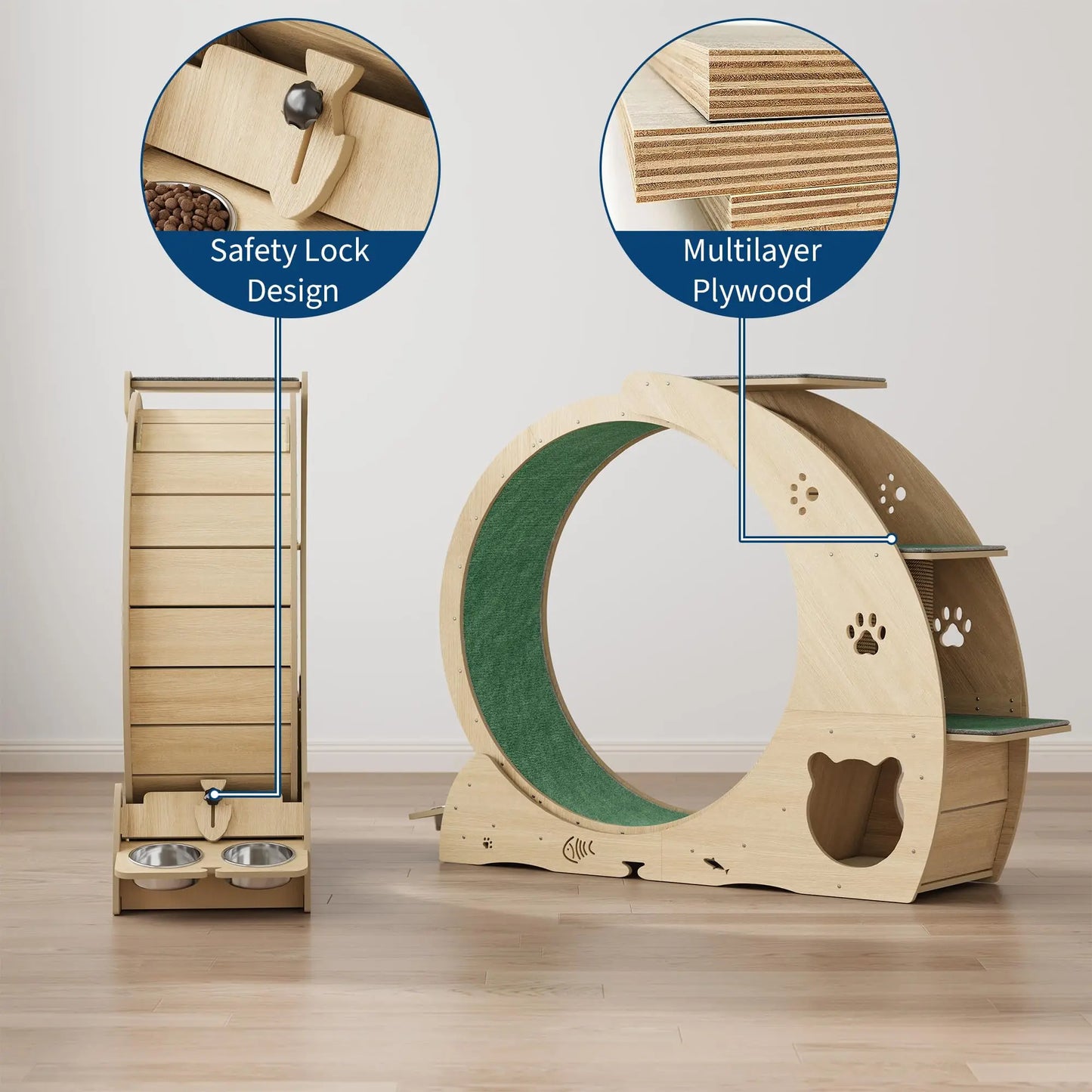 HiMISS Multifunctional Cat Exercise Wheel With Bowls And Post