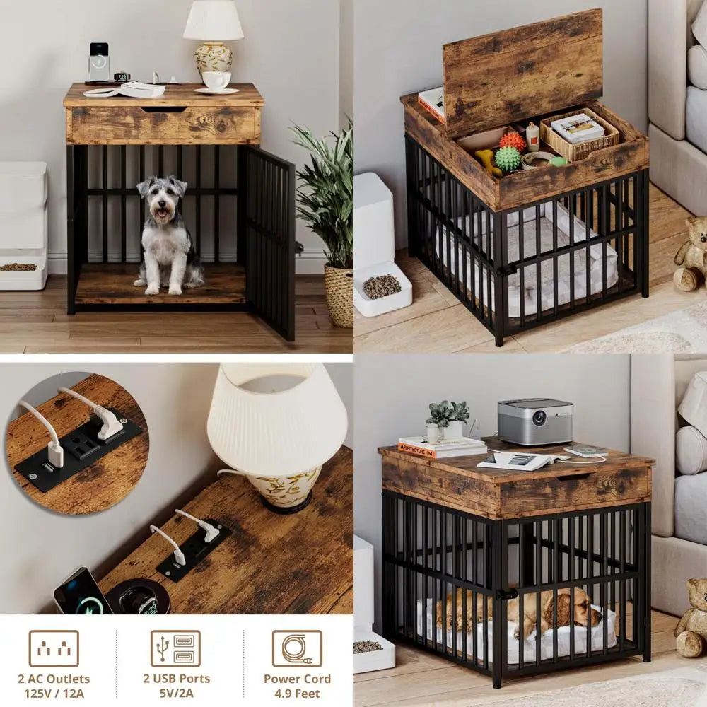 DAFIFY Wood Dog Crate End Table Kennel Flip Top Drawer