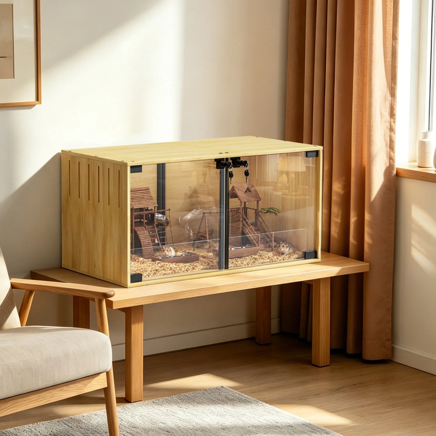 Wooden Small Animal Cage With Tempered Glass Panels