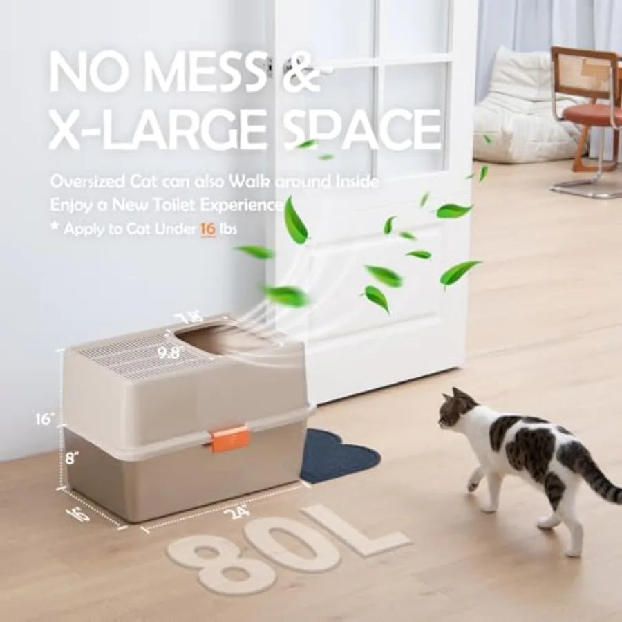 Plastic Top Entry Cat Litter Box With Lid Hinged Cover