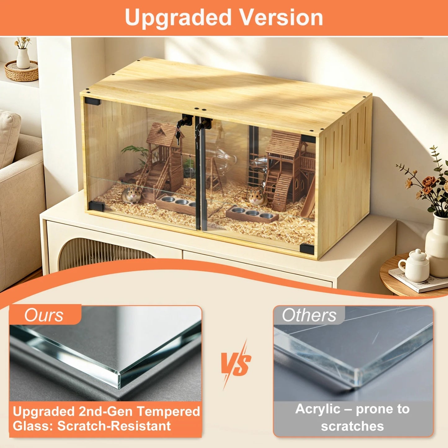 Wooden Small Animal Cage With Tempered Glass Panels