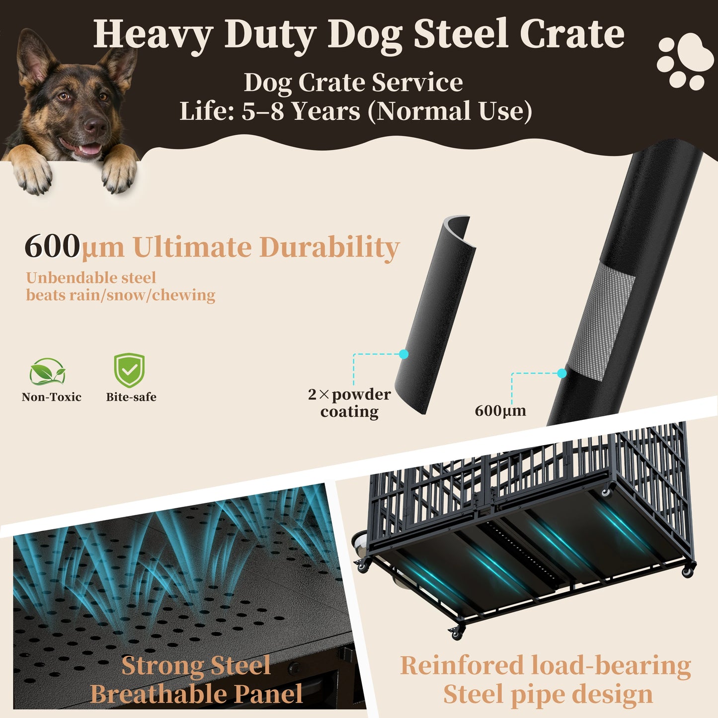 EasyCom Heavy Duty Dog Crate With Lockable Wheels And Bowls
