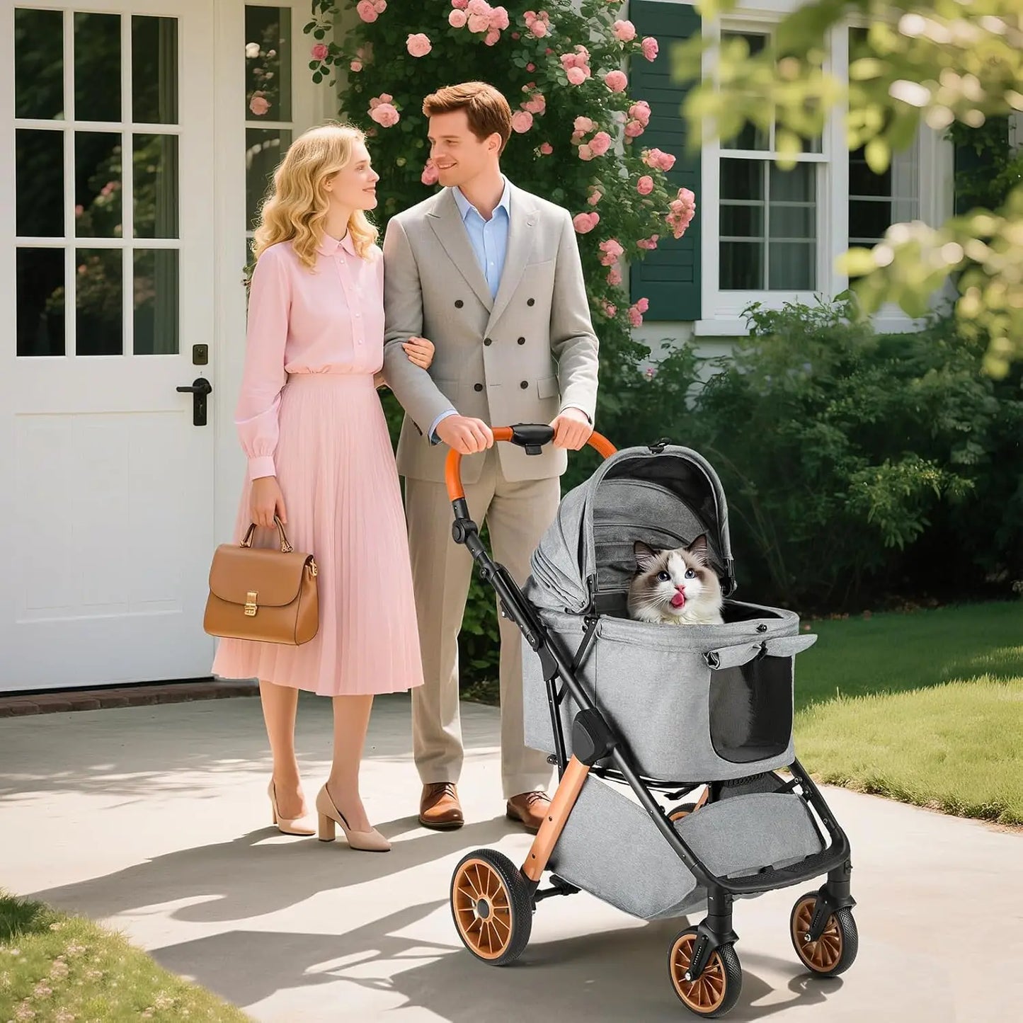 Foldable Pet Stroller All Terrain Travel Carrier With Shock Absorbers