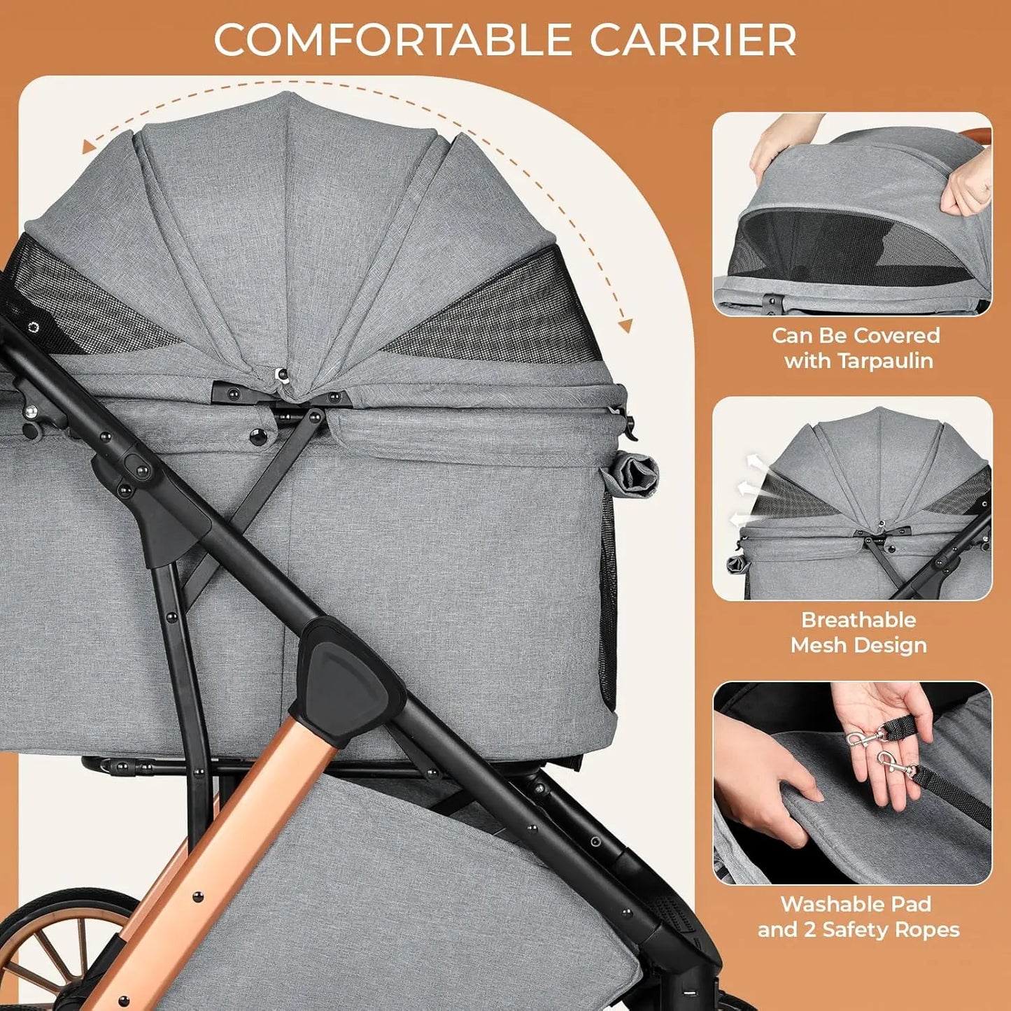 Foldable Pet Stroller All Terrain Travel Carrier With Shock Absorbers