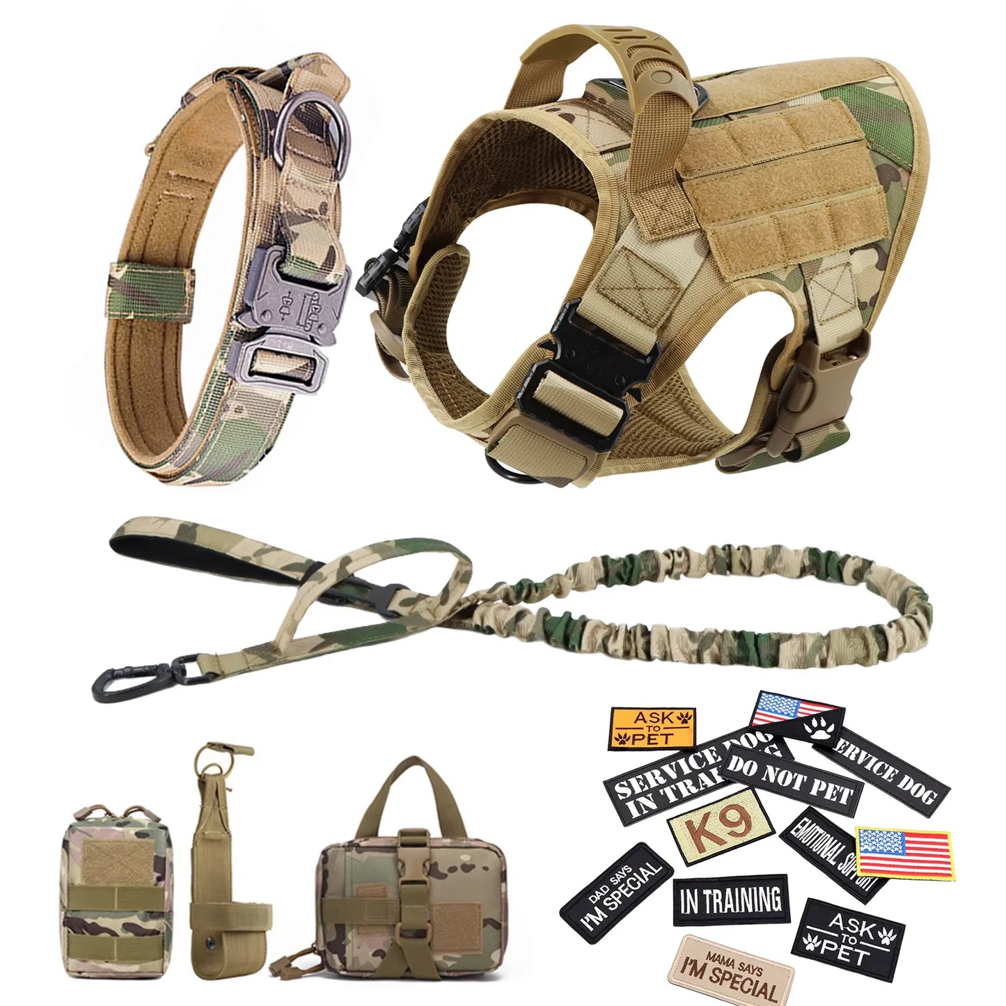 Military Nylon Dog Harness Vest With Leash Patches Training Set