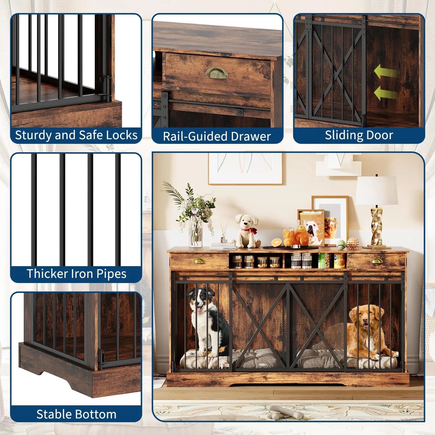 Heavy Duty Double Dog Crate Furniture With Drawers
