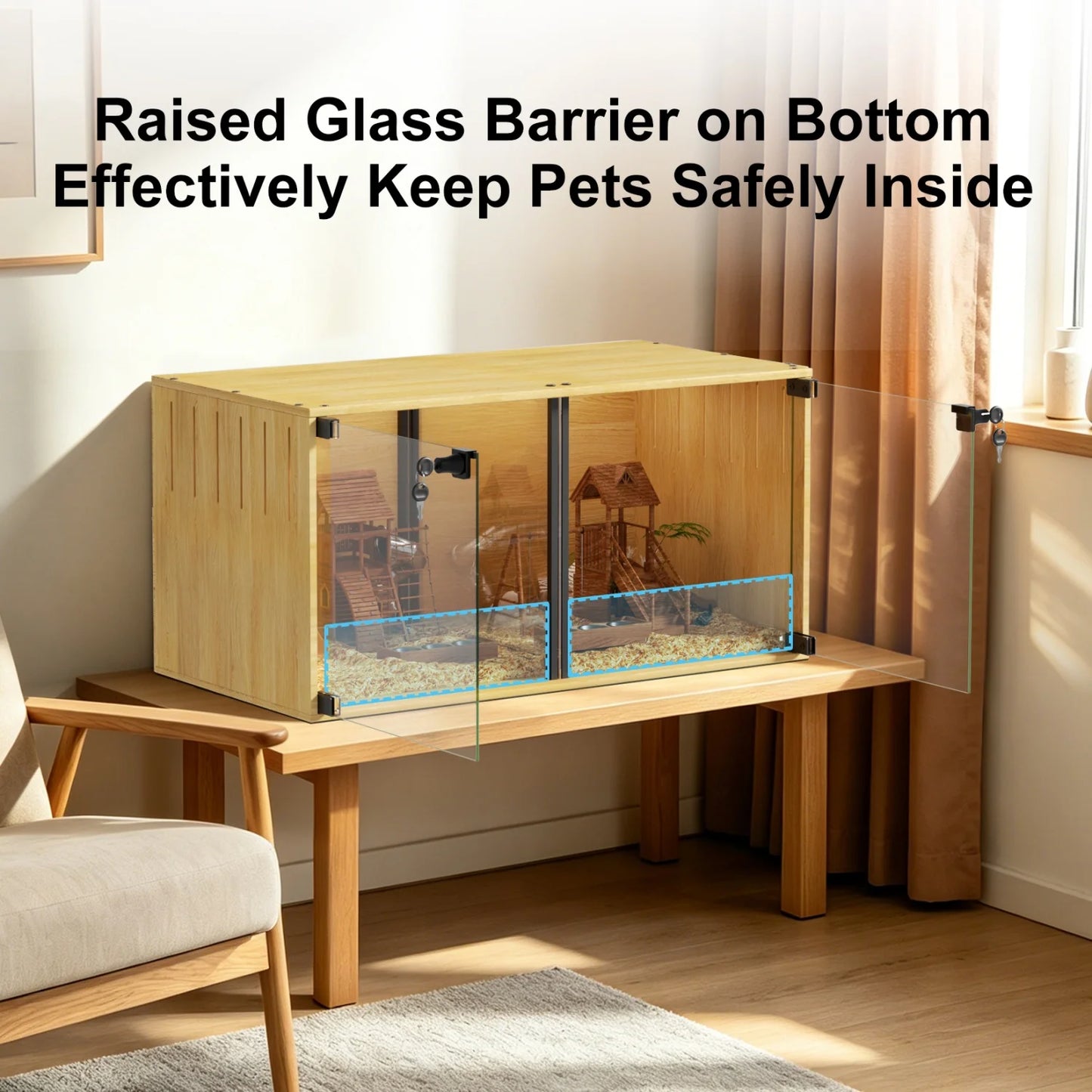 Wooden Small Animal Cage With Tempered Glass Panels