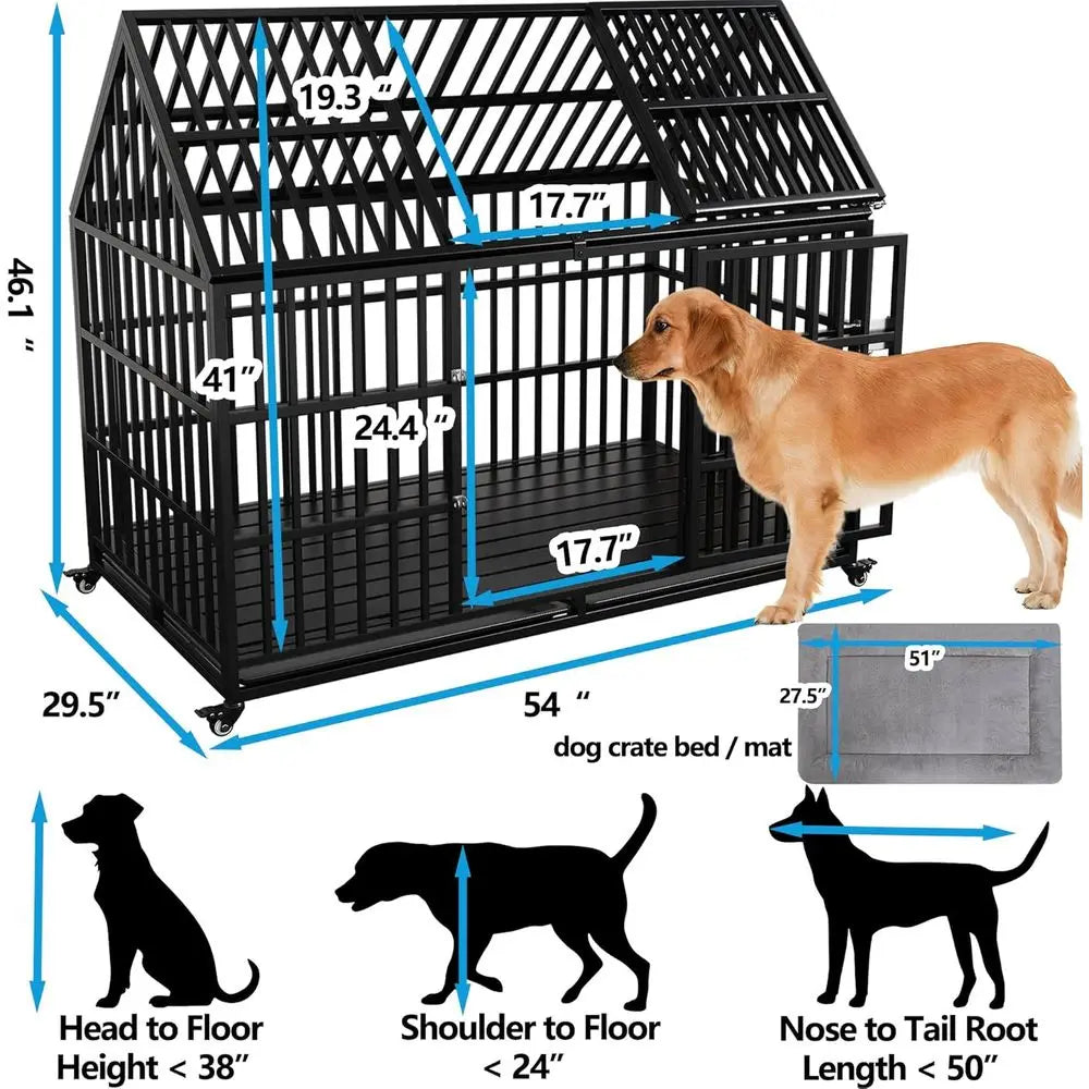 Heavy Duty Metal Dog Crate Roo Top Lockable Wheels Kennel