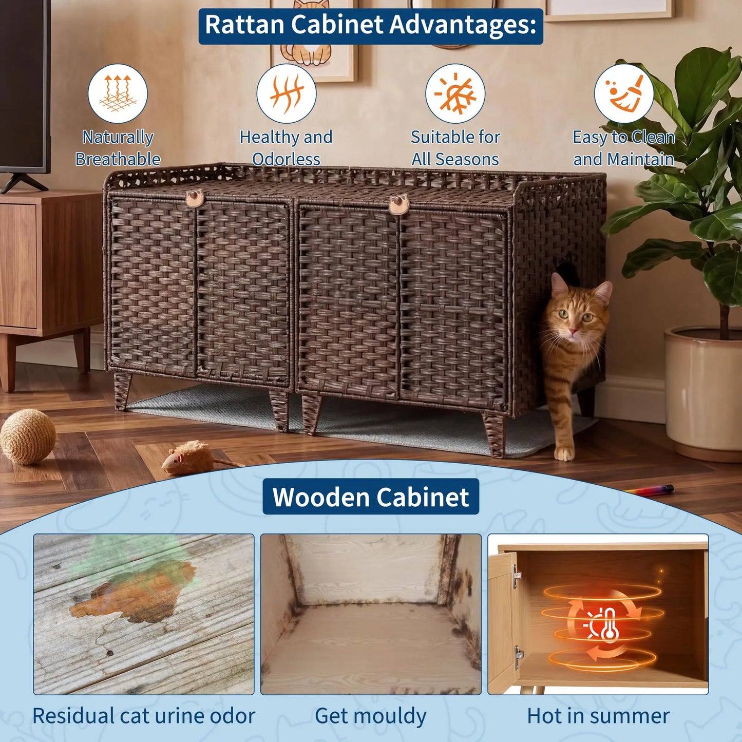 DishyKooker Cat Villa Litter Box Enclosure Rattan For 2 Cats