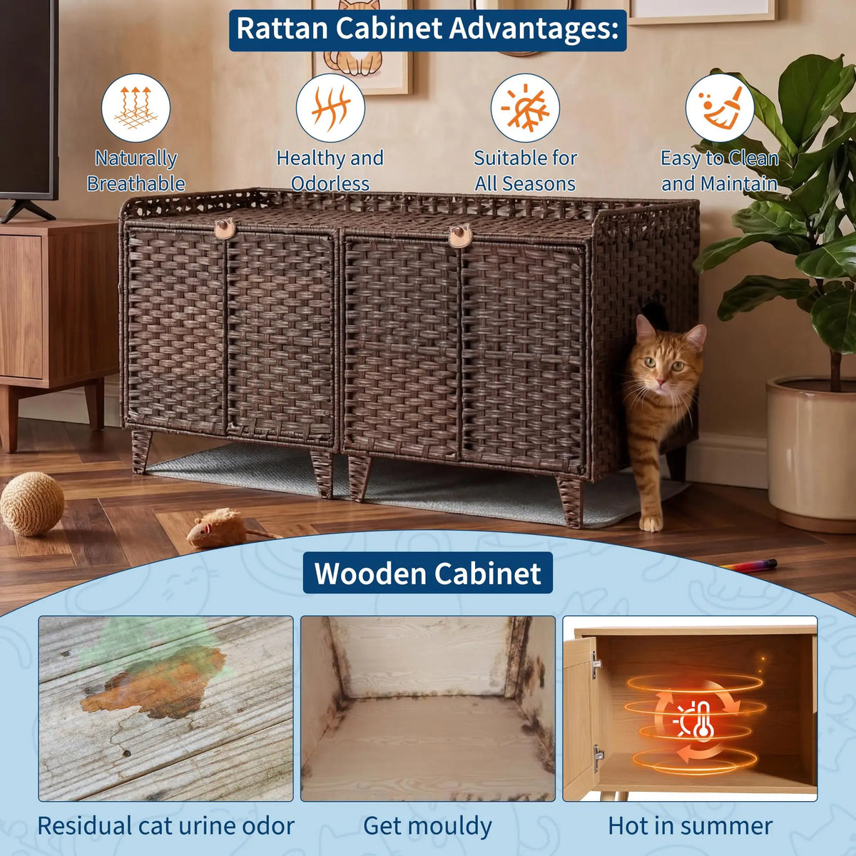 DishyKooker Large Rattan Litter Box Enclosure For 2 Cats