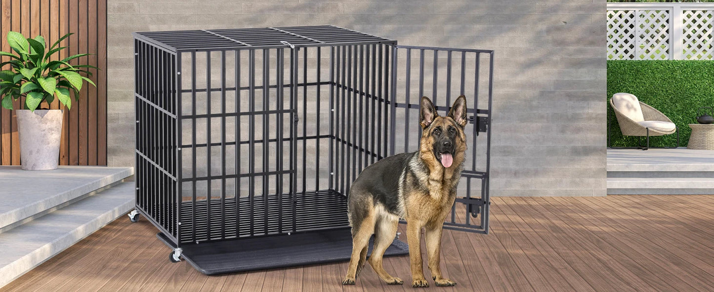 BORWART Heavy Duty Dog Crate With Lockable Wheels And Tray