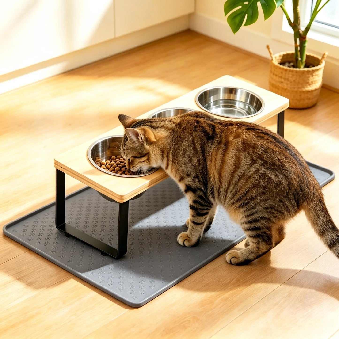 15 Degree Tilt Elevated Bamboo Stainless Steel Cat Feeder