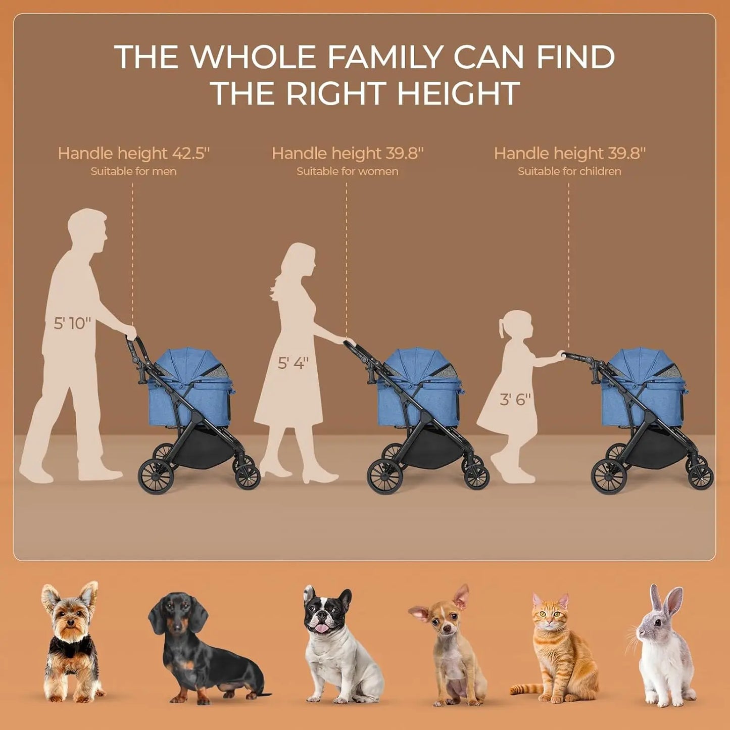 Foldable Pet Stroller All Terrain Travel Carrier With Shock Absorbers